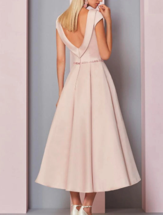 A-Line Mother of the Bride Dress Wedding Guest Plus Size Cowl Neck Ankle Length Satin Short Sleeve