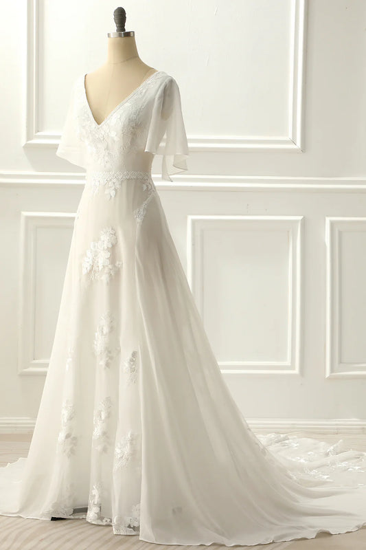 A-line V neck Floor-length Ivory Appliques Wedding Dress