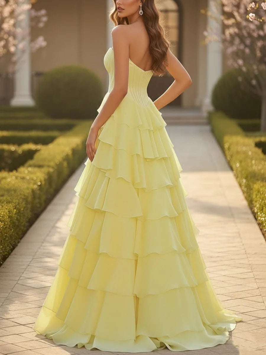 A-Line/Princess Sweetheart Strapless Chiffon Prom Dresses with Split Side Sleeveless Floor-Length Ruffles Formal Dresses