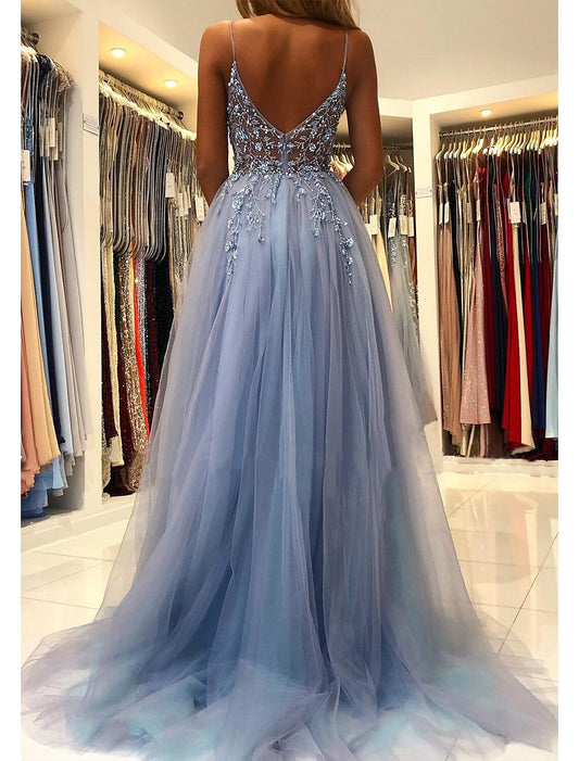 A-Line Prom Dresses Princess Dress Formal Wedding Guest Court Train Sleeveless V Neck Tulle with Beading