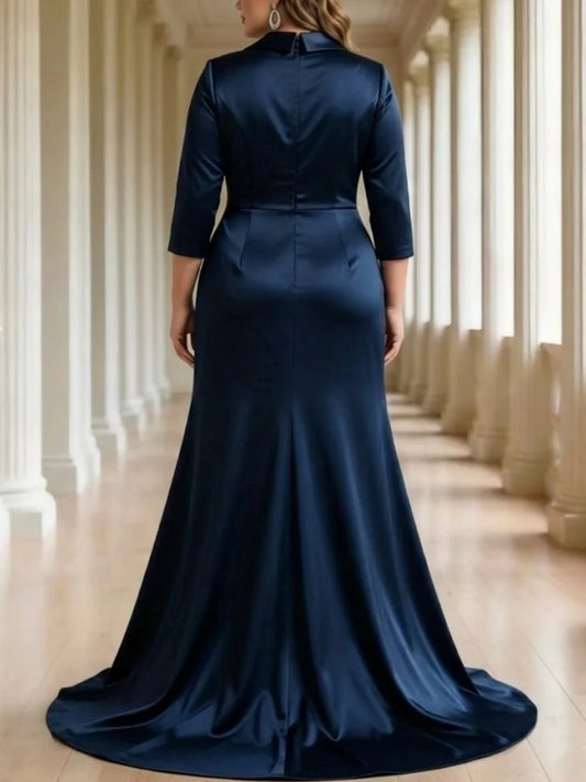 Trumpet/Mermaid V-Neck Satin Plus Size Mother of the Bride Dresses 3/4 Sleeves Floor-Length