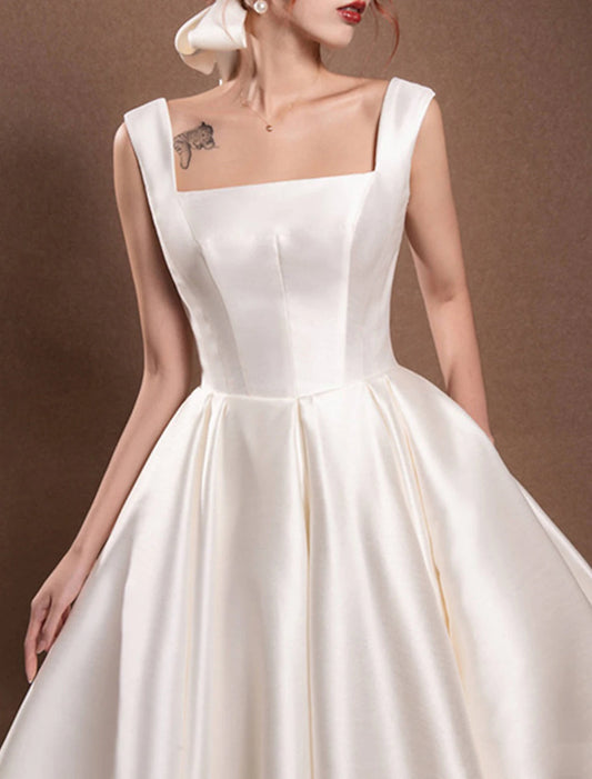 Reception Simple Wedding Dresses Wedding Dresses A-Line Off Shoulder Cap Sleeve Tea Length Satin Bridal Gowns With Pleats Ruched dress to impress Fall Wedding