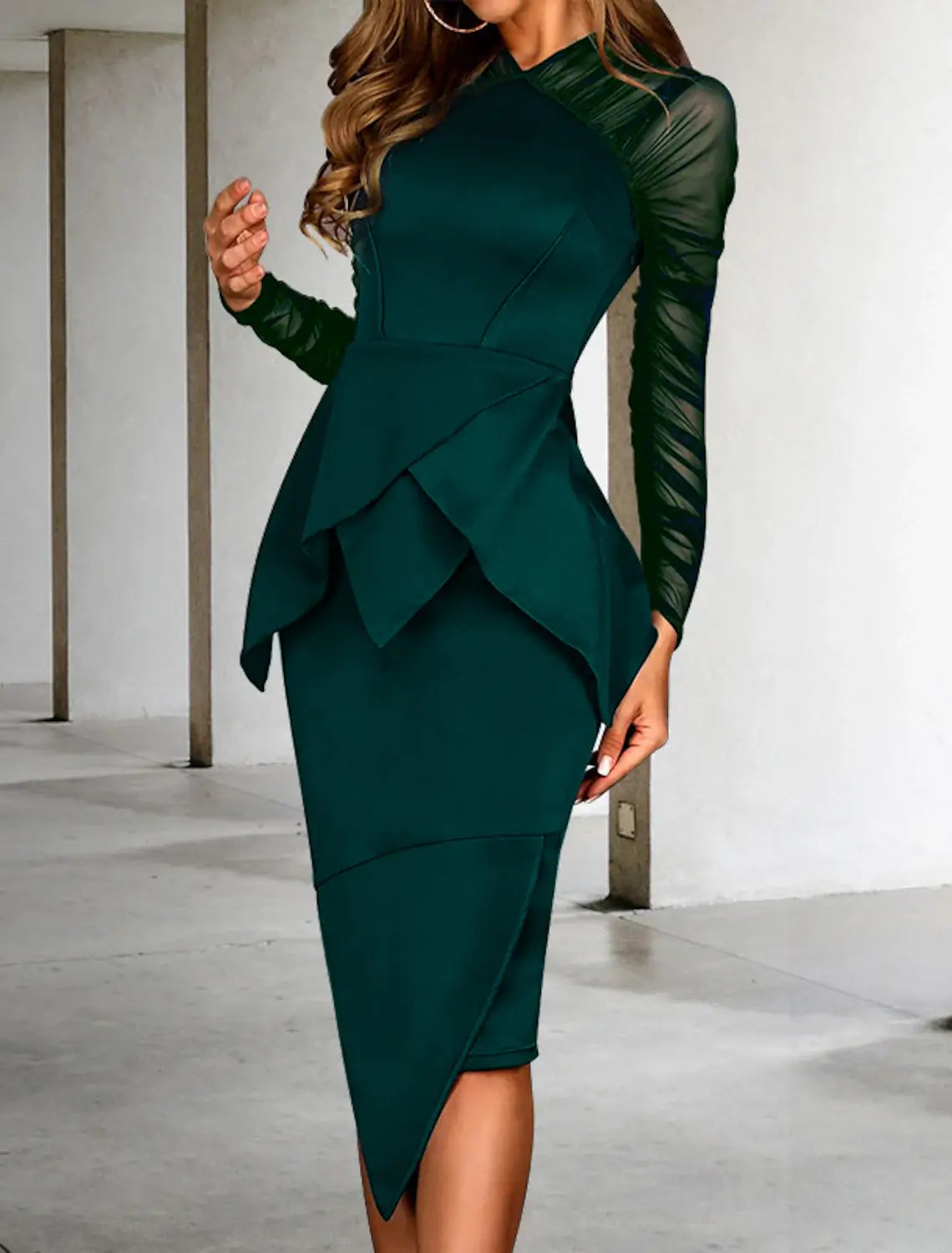 Sheath Cocktail Dresses Elegant Dress Wedding Guest WorkWear Knee Length Long Sleeve High Neck Spandex with Ruched Ruffles Derby Dresses