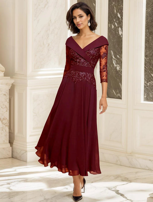 A-Line Mother of the Bride Dress Wedding Guest Elegant Sweetheart Ankle Length Chiffon 3/4 Length Sleeve with Lace