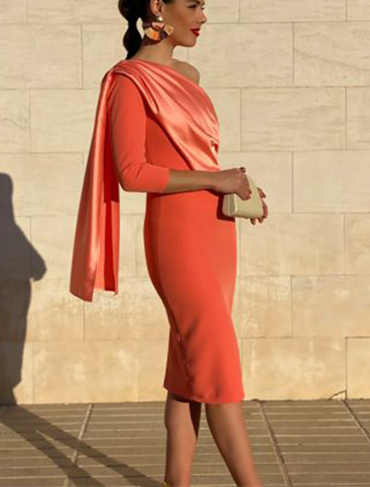 Sheath Cocktail Dresses Elegant Dress Wedding Guest Cocktail Party Knee Length 3/4 Length Sleeve One Shoulder Stretch Fabric with Draping