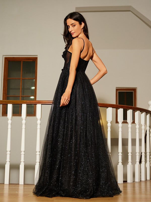 A-Line/Princess Applique Spaghetti Straps Sleeveless Floor-Length Dresses