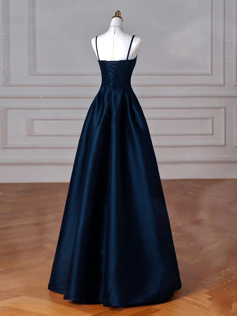 Simple A-Line Dark Blue Satin Long Prom Dress