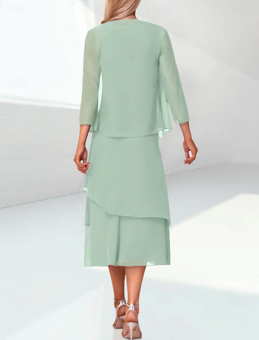 Beach Wedding Sage Sheath Mother of the Bride Dress Elegant Jewel Neck Tea Length Chiffon 3/4 Length Sleeve Wrap Included with Ruching