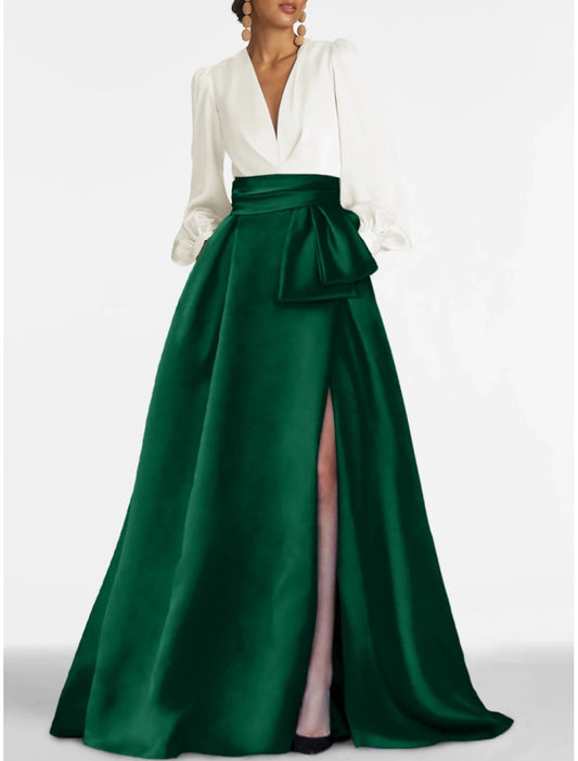 A-Line Evening Gown Elegant Dress Formal Wedding Guest Sweep / Brush Train Long Sleeve V Neck Satin with Pleats Slit