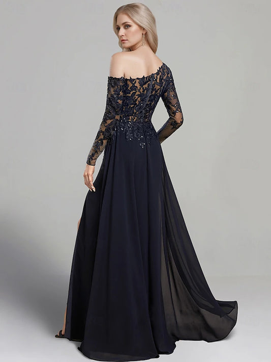 Sheath Dress Mother of the Bride Dress Formal Elegant One Shoulder Floor Length Chiffon Long Sleeve with Lace Solid Color