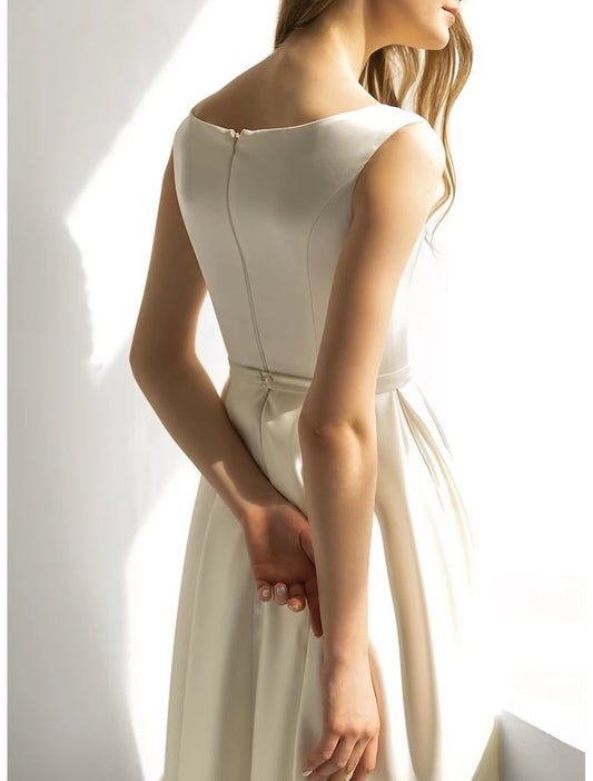 Bridal Shower Little White Dresses Wedding Dresses A-Line Scoop Neck Sleeveless Tea Length Satin Bridal Gowns With Solid Color