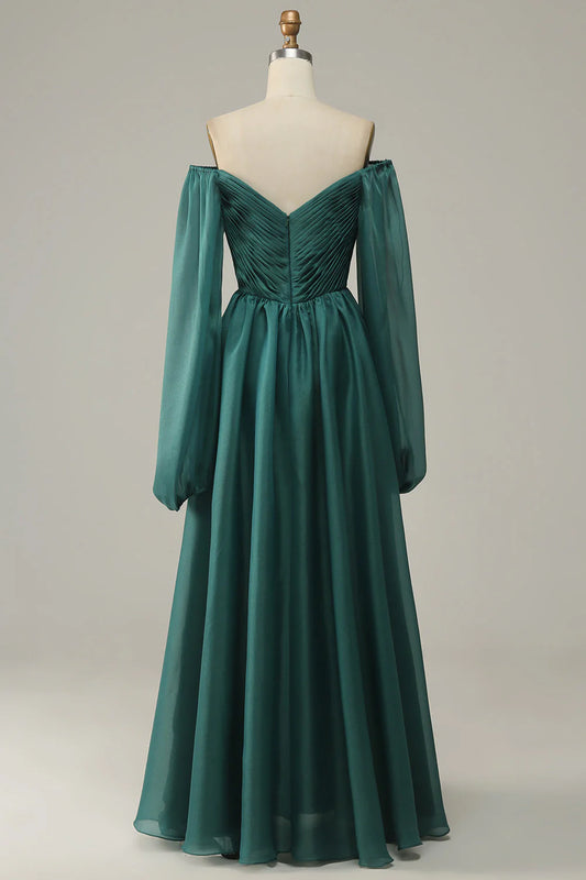 Off Shoulder Long Sleeves Prom Dress With Ruffles