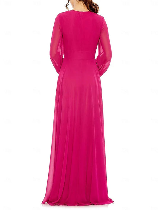 A-Line Floor Length Long Sleeve V Neck Wedding Guest Dresses Chiffon with Pleat