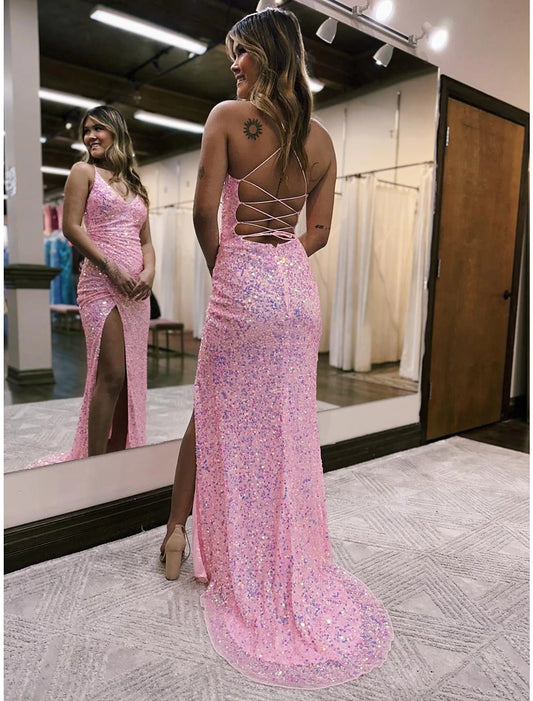 Beach Wedding Mermaid Prom Dresses Sequin Dress Formal Wedding Party Sweep / Brush Train Sleeveless V Neck Sequined Backless with Slit Masquerade Dress