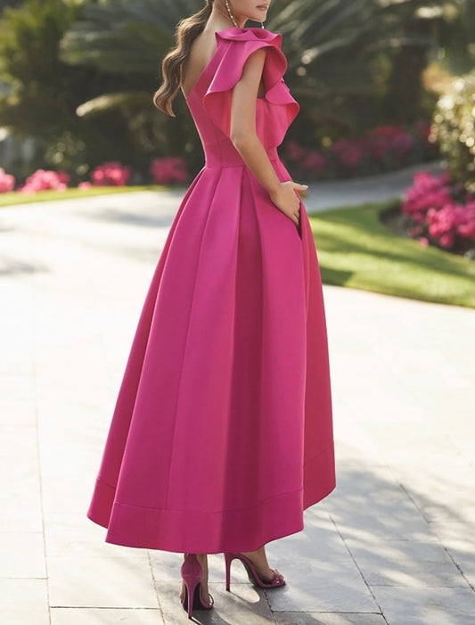 Beach Wedding A-Line Cocktail Dresses Elegant Dress Prom Birthday Asymmetrical Sleeveless One Shoulder Fall Wedding Guest Stretch Fabric with Ruffles Pure Color Derby Dresses