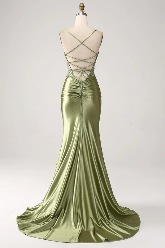 Mermaid Sage Spaghetti Straps Lace-Up Back Prom Dress With Slit