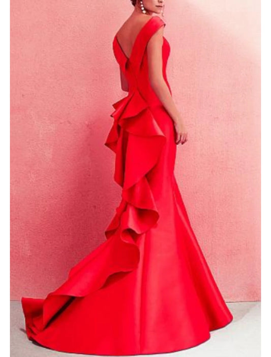 Mermaid Beautiful Back Red Green Dress Formal Evening Dress Off Shoulder Short Sleeve Floor Length Satin with Ruffles Draping dress