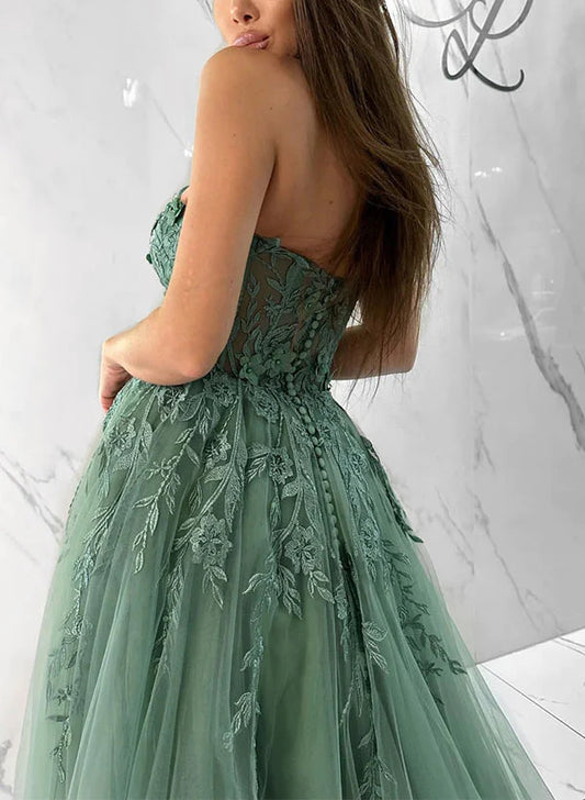 A-line Sweetheart Tulle Formal Prom Dress with Appliques Lace