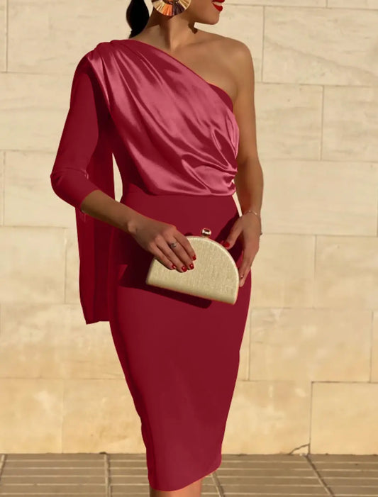 Sheath Cocktail Dresses Elegant Dress Wedding Guest Cocktail Party Knee Length 3/4 Length Sleeve One Shoulder Stretch Fabric with Draping Derby Dresses