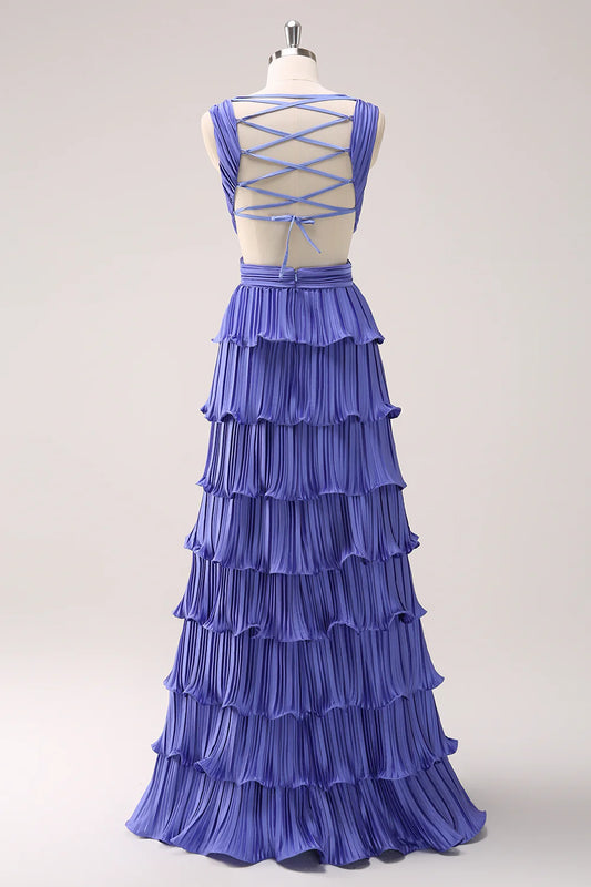 Purple Chiffon Ruffled Long Bridesmaid Dress With Slit