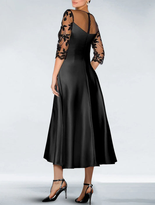 A-Line Cocktail Dresses Elegant Dress Formal Wedding Guest Knee Length 3/4 Length Sleeve Off Shoulder Pocket Satin with Beading Appliques Pocket