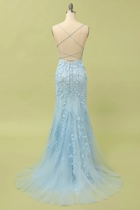 Blue Mermaid Long Prom Dress with Appliques
