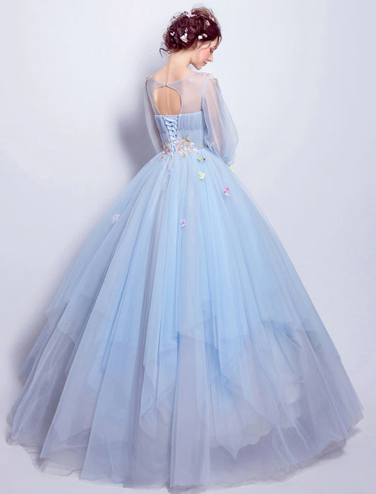 Ball Gown Prom Dresses Elegant Dress Quinceanera Engagement Floor Length 3/4 Length Sleeve Illusion Neck Tulle with Pleats Appliques dress