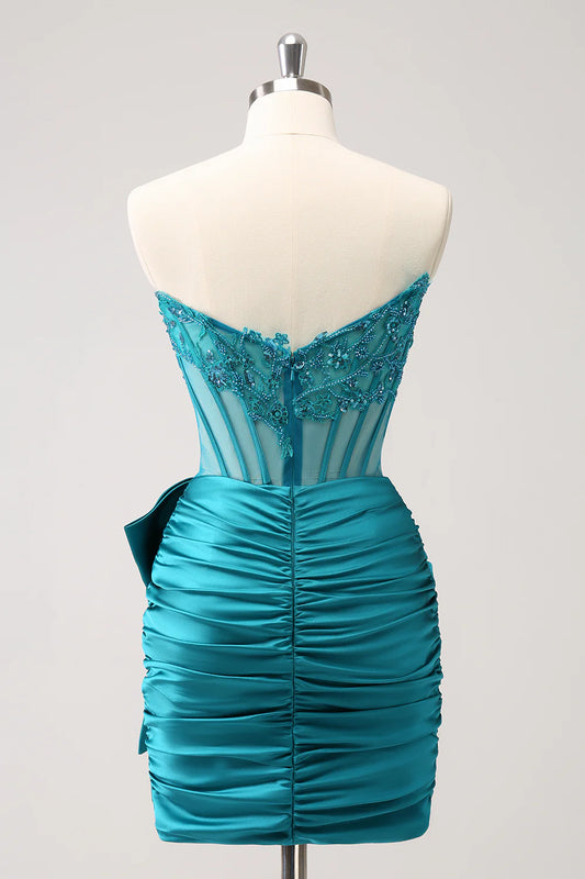 Taooobao™ Unique Peacock Tight Strapless Corset Pleated Short Beaded Homecoming Dress with Bow