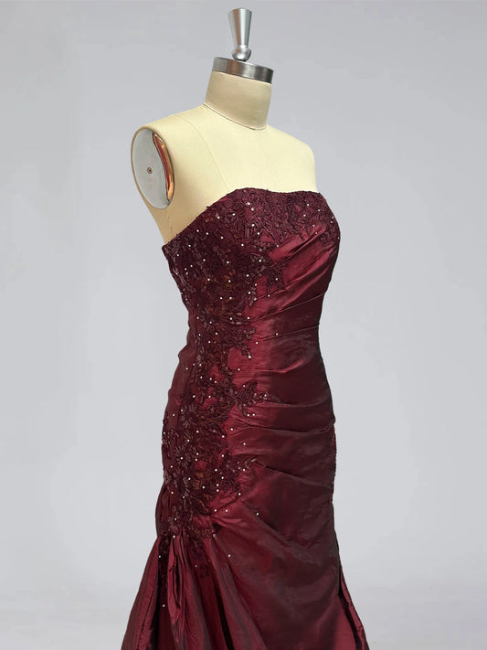 Trumpet/Mermaid Strapless Sleeveless Floor-Length Taffeta Prom Dresses with Ruffles,Embroidery & Beadings