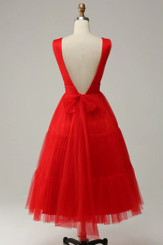 Red V-Neck Tulle Tea-Length Prom Dress