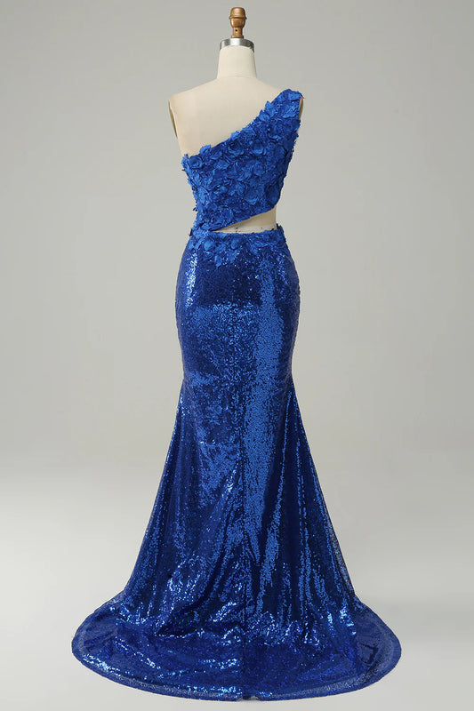 Royal Blue One Shoulder Sparkly Sequins Prom Dress With 3D Flowers