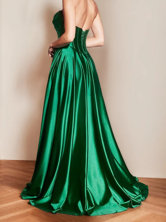 A-Line/Princess Strapless Sweetheart Sleeveless Prom Dresses with Ruffle & Split Front