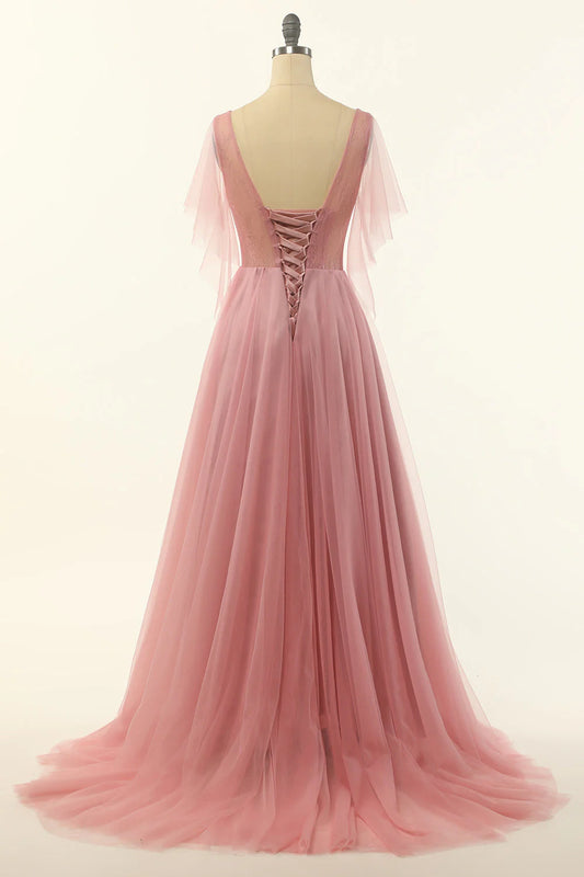 Blush Beading Tulle A-Line Prom Dress