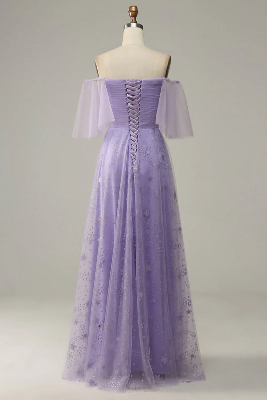 Off Shoulder Lavender Prom Dress With Ruffles