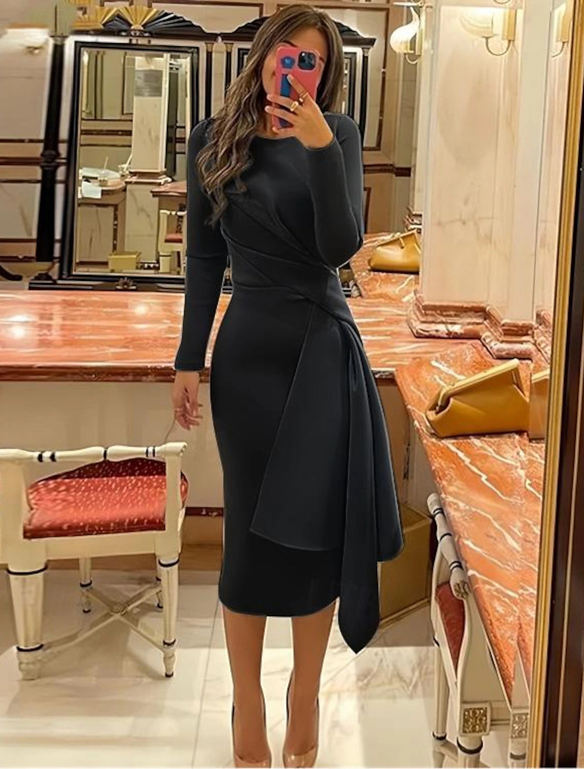 Beach Wedding Sheath Cocktail Dresses Elegant Dress Formal Fall Knee Length Long Sleeve Jewel Neck Stretch Fabric with Pleats Ruched