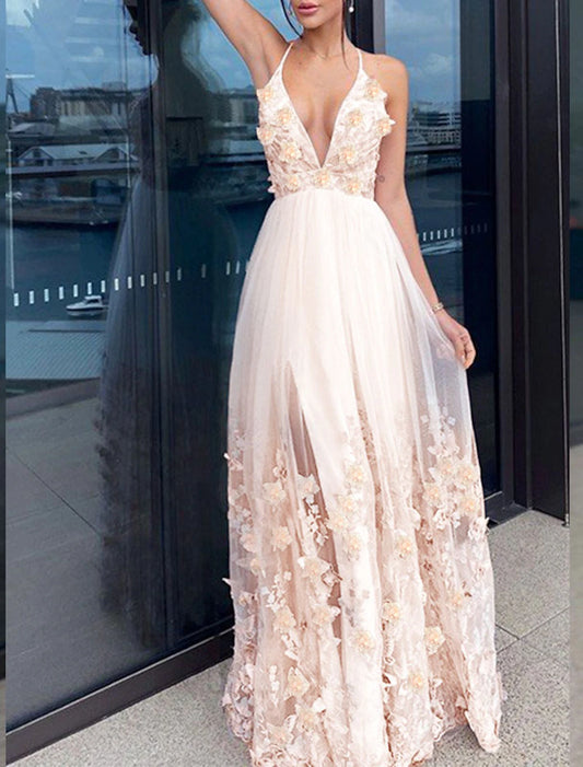 A-Line Evening Gown Floral Dress Wedding Guest Homecoming Floor Length Short Sleeve V Neck Tulle with Draping Appliques