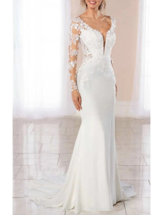 Engagement Open Back Formal Wedding Dresses Mermaid / Trumpet V Neck Long Sleeve Court Train Chiffon Bridal Gowns With Buttons Appliques