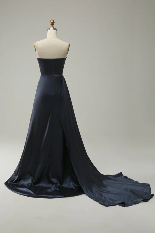 Navy Strapless Sweetheart Long Prom Dress With Split