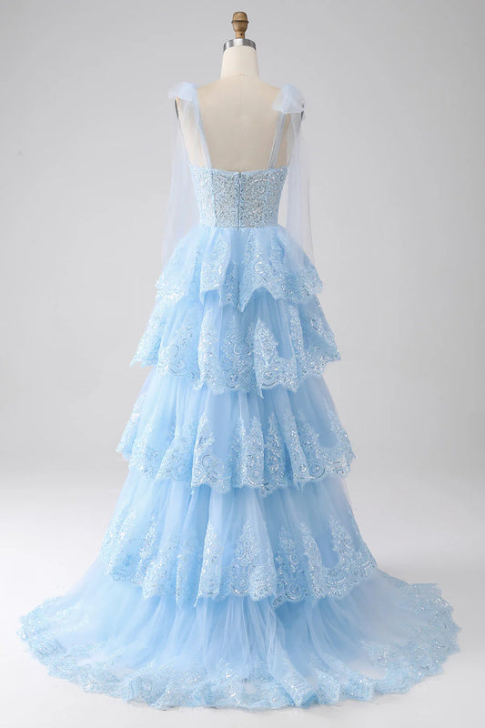 Light Blue Sweetheart Bow Tie Straps Tiered Tulle Sequin Prom Dress With Appliques