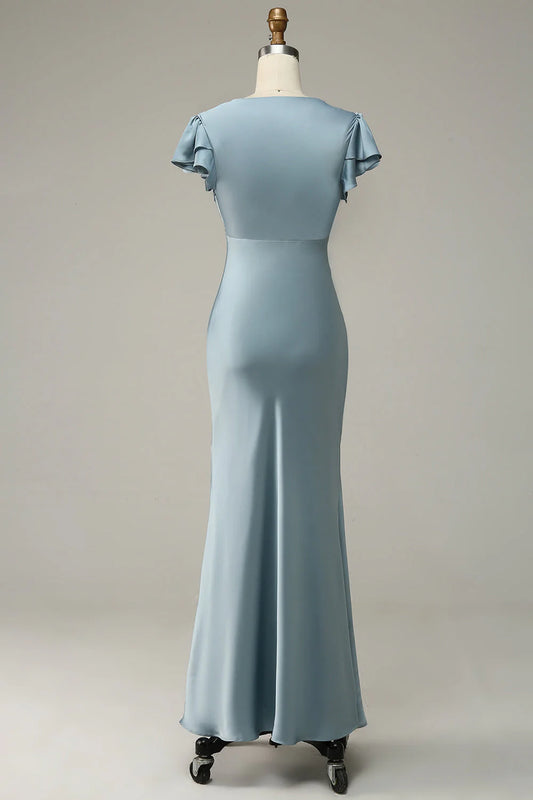 Grey Blue Satin Simple Prom Dress With Ruffles
