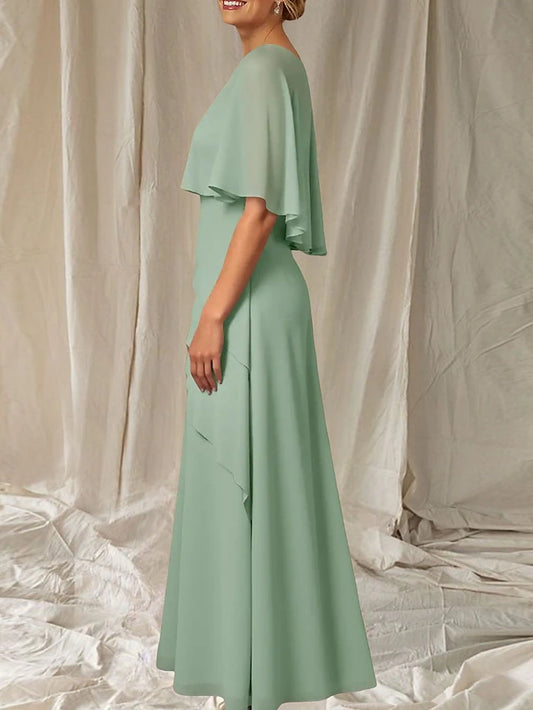A-Line Mother of the Bride Dress Wedding Guest Elegant Crew Neck Floor Length Chiffon Half Sleeve with Cascading Ruffles