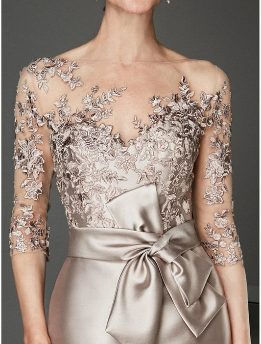 Sheath Mother of the Bride Dress Wedding Guest Elegant Plus Size See Through Bateau Neck Knee Length Satin Tulle Half Sleeve with Beading Ruffles dress