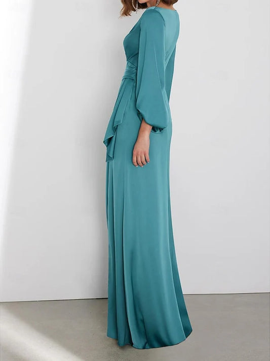 A-Line Floor Length Long Sleeve V Neck Wedding Guest Dresses Tie Charmeuse with Ruched