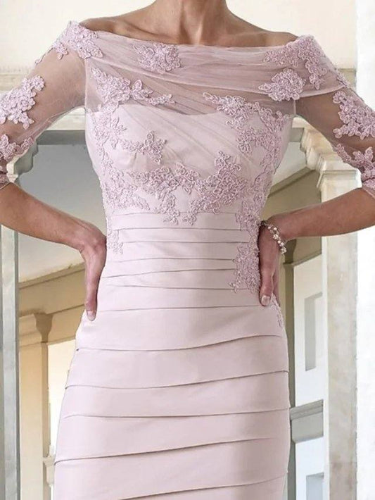 Sheath / Column Mother of the Bride Dress Wedding Guest Elegant Jewel Neck Knee Length Taffeta Half Sleeve with Appliques Ruching