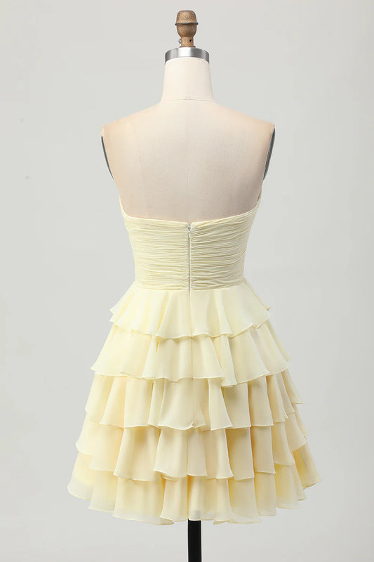 Light Yellow Sweetheart Ruched Ruffled Short Homecoming Dress with Bow