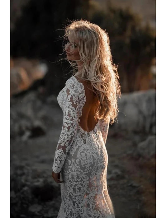 Beach Open Back Boho Wedding Dresses Mermaid V Neck Long Sleeve Court Train Lace Bridal Gowns With Appliques