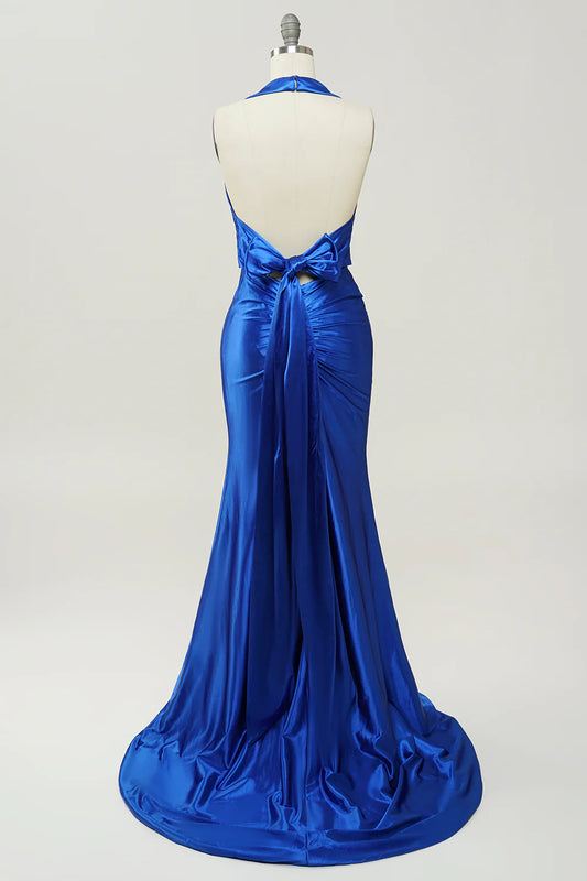 Royal Blue Halter Neck Long Prom Dress