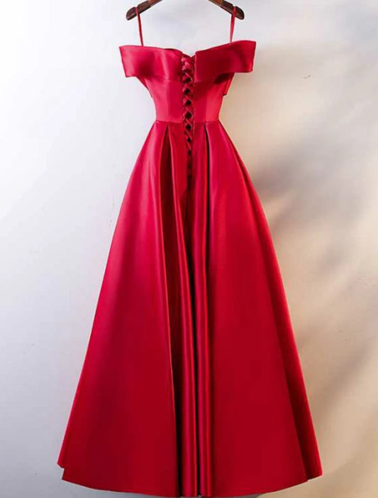 A-Line Prom Dresses Open Back Dress Wedding Guest Prom Floor Length Short Sleeve Off Shoulder Satin with Ruched dress