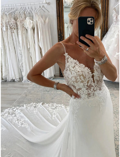 Reception Formal Wedding Dresses A-Line Camisole Sleeveless Court Train Chiffon Bridal Suits Bridal Gowns With Appliques