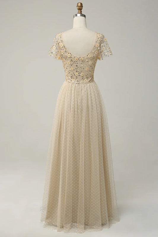 A Line Flower Beaded Apricot Long Prom Dress